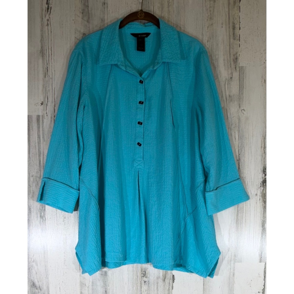 Ali Miles Tunic Blouse Large Turquoise Crinkle Seersucker 3/4 Sleeve‎ Collared